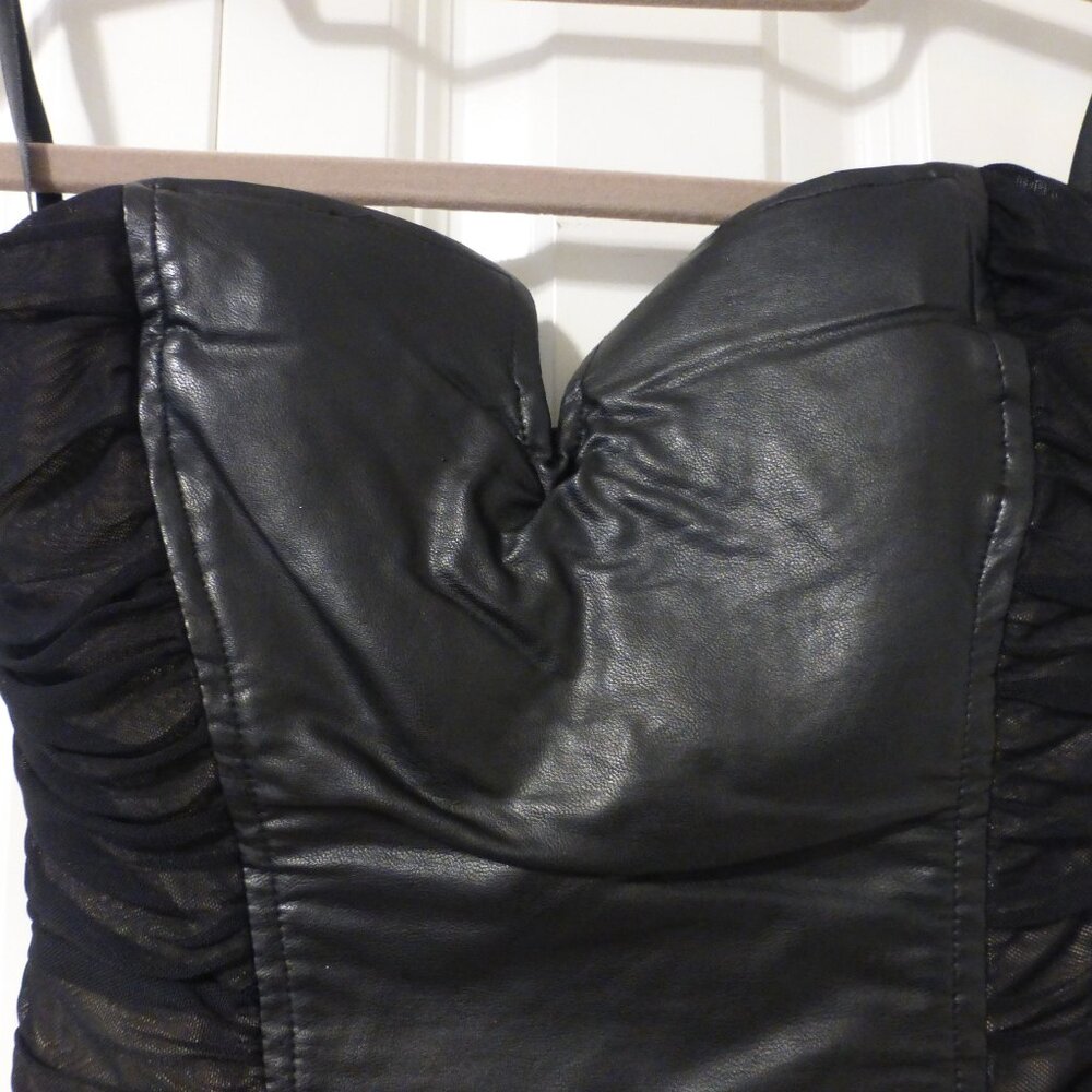 BEBE black ruched mesh and faux leather strapless tube dress - Picture 3 of 14